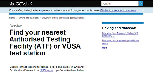 Computer screen with Government's website section on finding your nearest VOSA test station