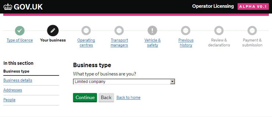Gov.uk website page showing new operator self service system