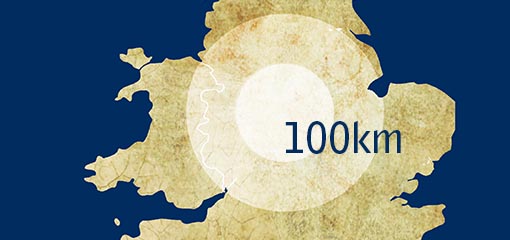 UK map showing 100 km radius