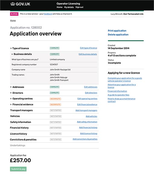 Operator licensing application page on gov.uk website