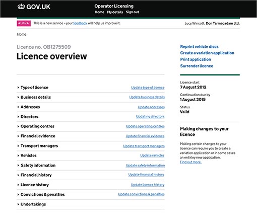 OLCS Licence Overview website page