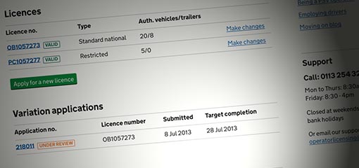 Computer screen showing vehicle licence details