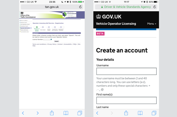 Screen shot of new service 'vehicle operator licensing' and a screen shot of the old service 'operator self service