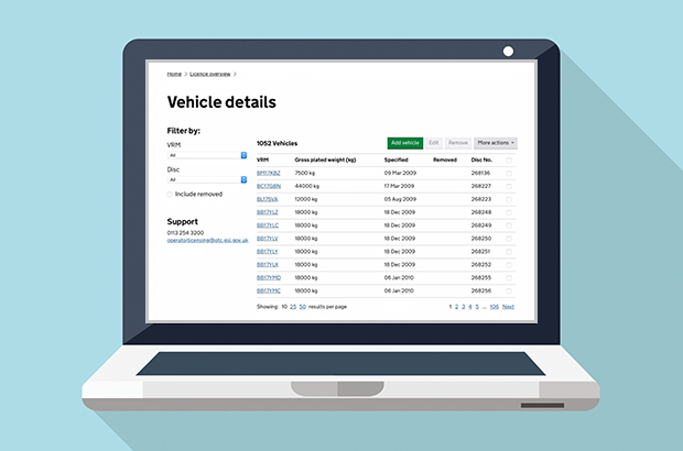 A laptop showing vehicle details on the vehicle operator licensing service. Including option to filter by VRM and disc. Shows support number: 0113 245 3300. Displays a list of vehicles including gross plated weight in kilograms, date specified and disc number.