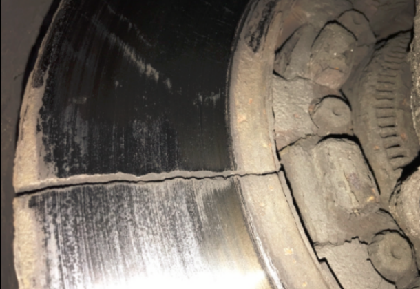 A cracked brake disc
