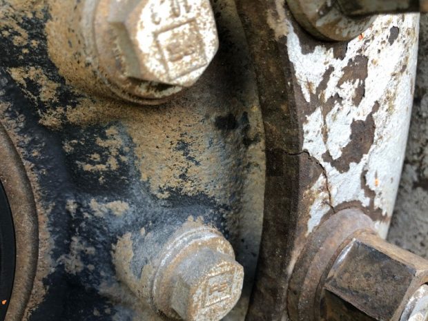 a crack in wheel next to holding bolt 