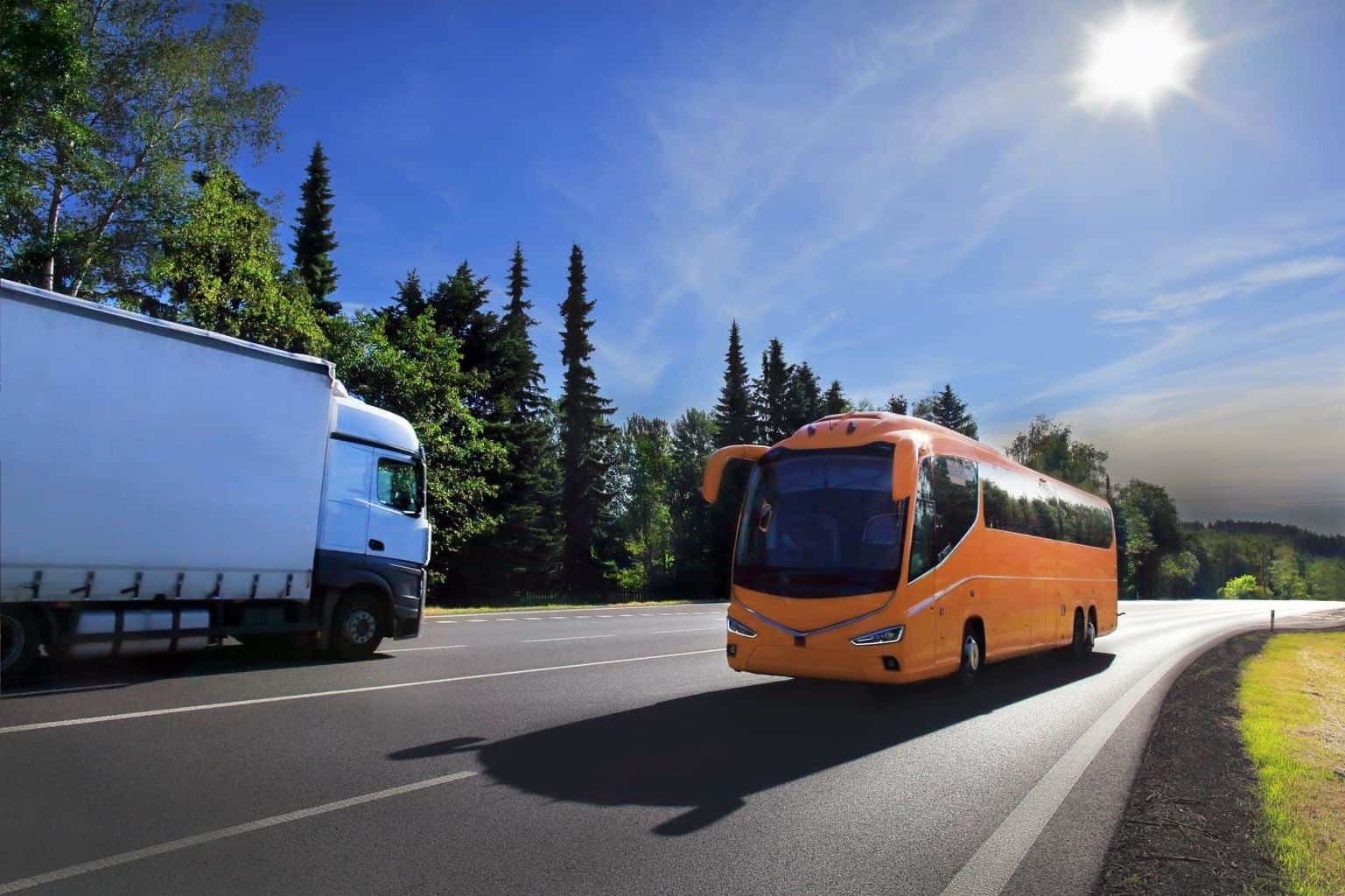 orange bus with white lorry on sunny road