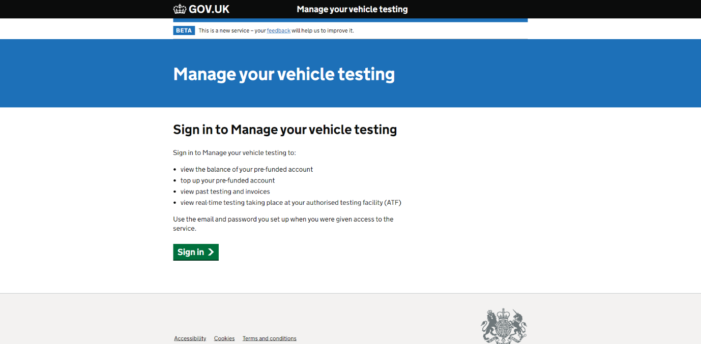 Sign in to manage your vehicle testing web page