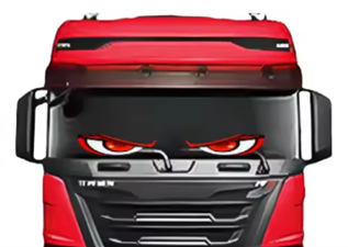 An image of a HGV with decorative lighting on the windscreen. 